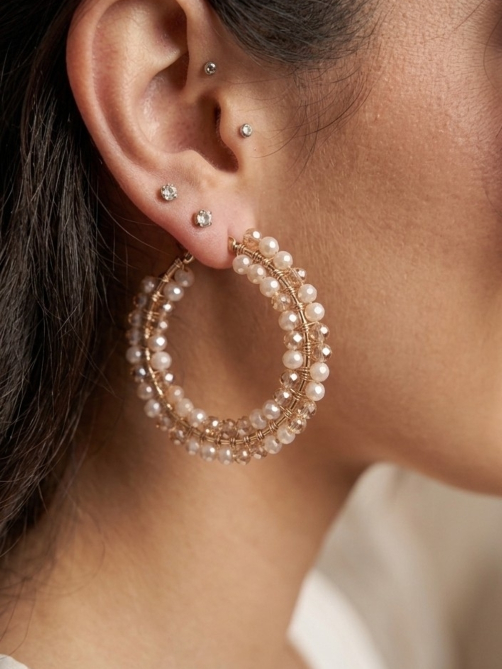 Gold Hoop Earrings with Cream Pearls - Women Jewelry